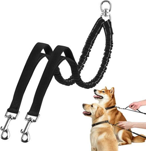 Double Dog Leash for 2 Dogs with Elastic Bungee Buffer, 360°Swivel，S