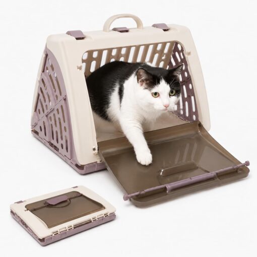 Hard-Sided Cat Carrier for Large Cats up to 16 lbs, Foldable PP Plastic Pet Travel Crate, Collapsible Pet Carrier with Wide Tinted Door, 74 Air Vents and Silicone Handle