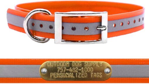Reflective Heavy Duty D-Ring Dog Collar w Custom Name Tag, Orange 21″