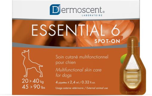 Dermoscent Essential 6 spot-on – Dog Skin Care for Dandruff & Allergy Relief with Vitamin E Oil – Anti Itch for Dogs – Natural Ingredients for Sensitive Skin – Dogs 20-40 kg – 4 Pipettes of 2.4 ml