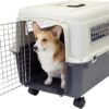 SportPet Airline Compliant MEDIUM 26.5″ Travel Dog Kennel-Durable Plastic Airline Pet Carrier w/Removable Wheels & Food Bowls, Collapsible Indoor/Outdoor Dog Kennel, Dogs up to 23″L & 15″H-Cream/Gray