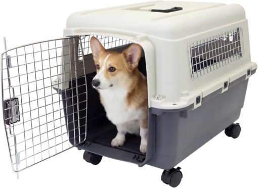 SportPet Airline Compliant MEDIUM 26.5″ Travel Dog Kennel-Durable Plastic Airline Pet Carrier w/Removable Wheels & Food Bowls, Collapsible Indoor/Outdoor Dog Kennel, Dogs up to 23″L & 15″H-Cream/Gray