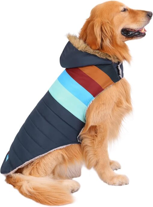 HDE Dog Puffer Jacket Fleece Lined Winter Coat & Harness Hole NR Stripe L