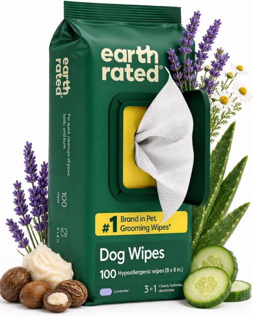 Earth Rated Dog Wipes for Paws & Butt, Deodorizing, Lavender, 100ct