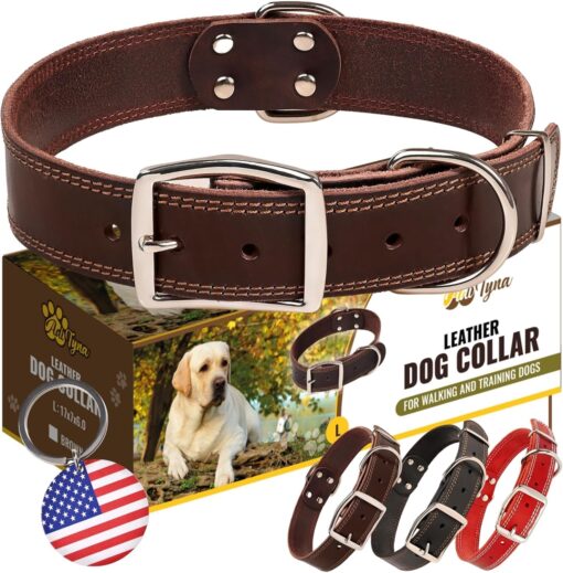 ADITYNA Heavy Duty Leather Dog Collar for Large Dogs, Adjustable 17-23″