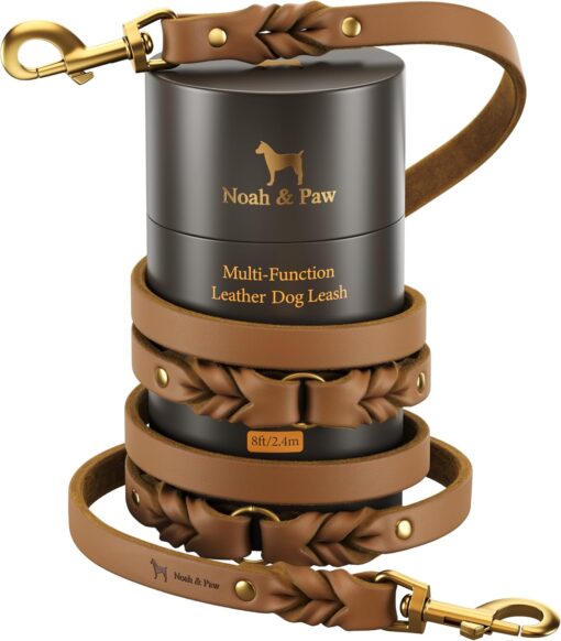 NOAH & PAW Leather Dog Leash, Premium Oil-Waxed Leather Braided, 8 ft Long Dog Leash with 6 Ways to Use Hands-Free, Quick-tie, Double Pet Lead Etc. Matching Collar Available. (Camel)