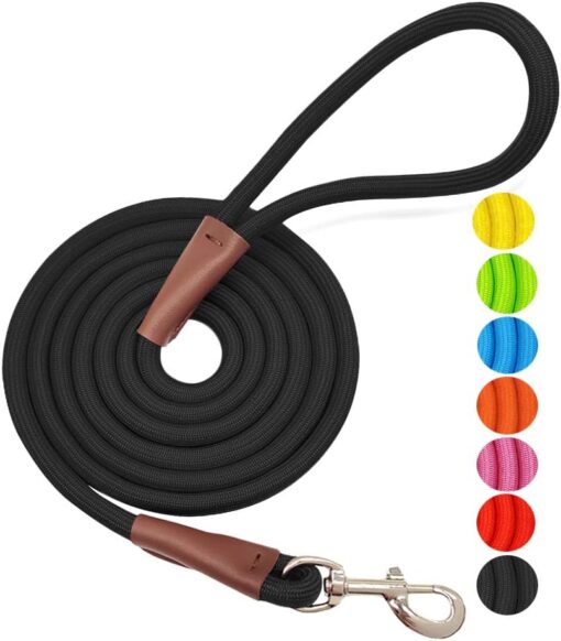 MayPaw 4/6 /8/10 FT Dog Leash, Classic Solid Colors, Strong Nylon Rope Dog Leash Reinforced with Leather Tailor Connection Heavy Duty Silver Clasp (Black, 8ft*1/2″)
