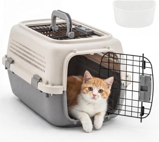 DUMOS 23″ Hard-Sided Pet Carrier for Small Pets, 2 Door Cat Carrier, Beige