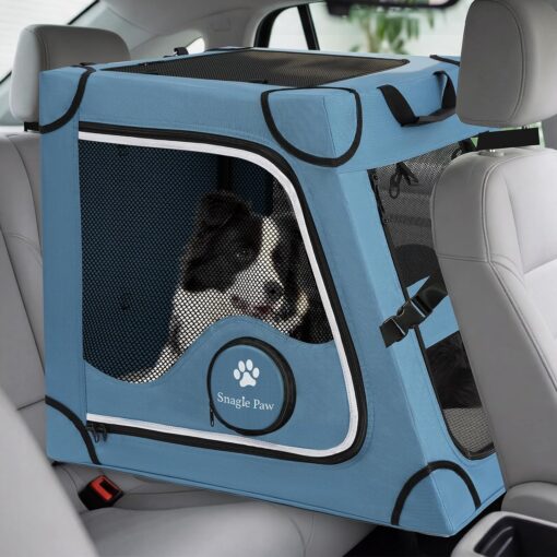 Snagle Paw Portable Dog Crate for Car Travel,Metal Frame Pet Crate,Pet Carrier for Car Back Seat Secures with Headrest Strap and Seatbelt,L