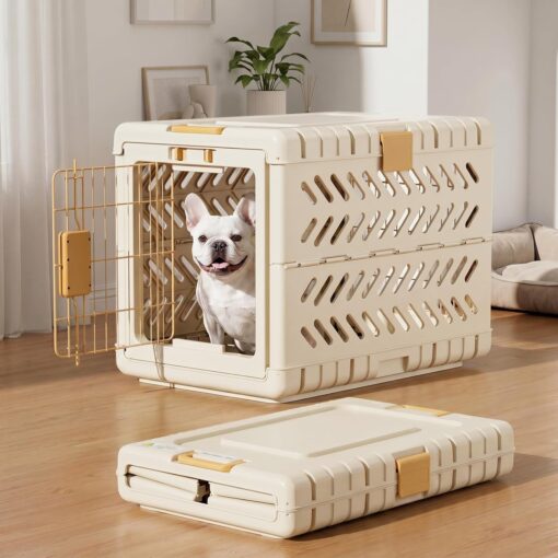 Collapsible Dog Crate for Small/Medium Dogs – 28″ L Foldable Dog Cage No-Tool Assembly, Travel Dog Crate with 2 Wheels – Easy to Carry, Space-Saving, Indoor Outdoor Use, Cream, 28”L*18.3”W*20.9”H