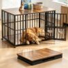 48″ Foldable Dog Crate Furniture, Large Dog Kennel with Swing-Out Bowl & Dual Base Sets (Feet + Wheels), No Assembly Required, End Table for Large Dogs, Rustic Brown