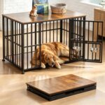 48″ Foldable Dog Crate Furniture, Large Dog Kennel with Swing-Out Bowl & Dual Base Sets (Feet + Wheels), No Assembly Required, End Table for Large Dogs, Rustic Brown