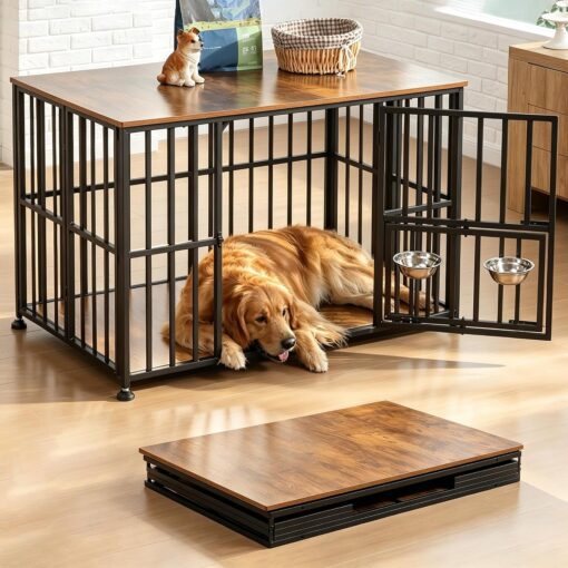 48″ Foldable Dog Crate Furniture, Large Dog Kennel with Swing-Out Bowl & Dual Base Sets (Feet + Wheels), No Assembly Required, End Table for Large Dogs, Rustic Brown